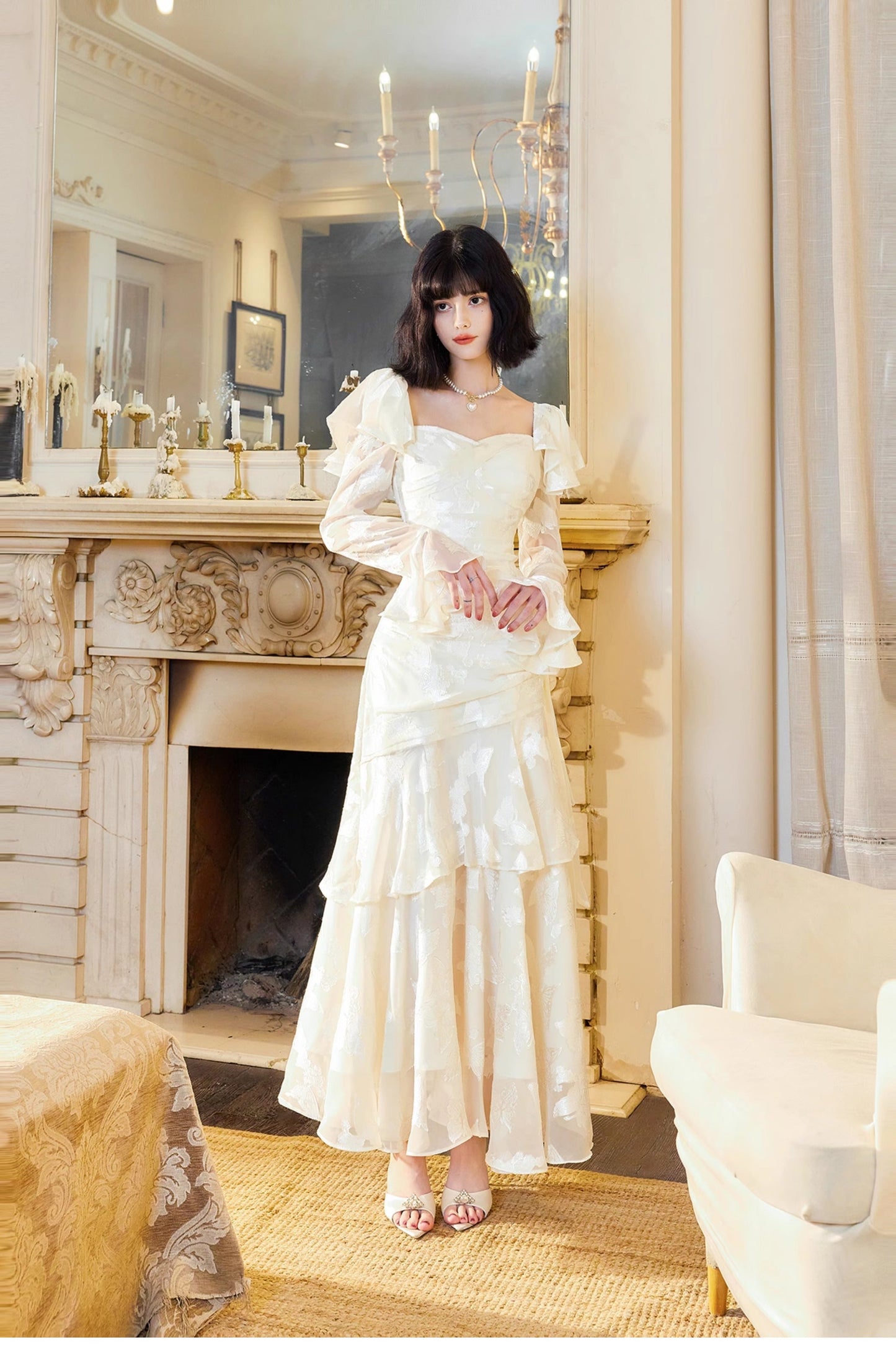 Elegant Light Apricot Chiffon Jacquard Long Sleeves Ruffled Evening Dress ED02259