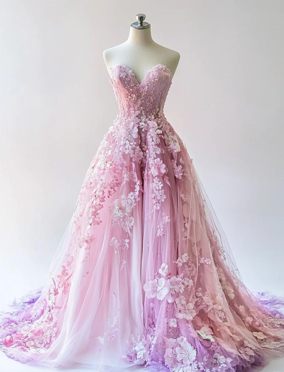 Vestido de novia único con escote en forma de A, de tul, largo y degradado en rosa y morado, ED02294