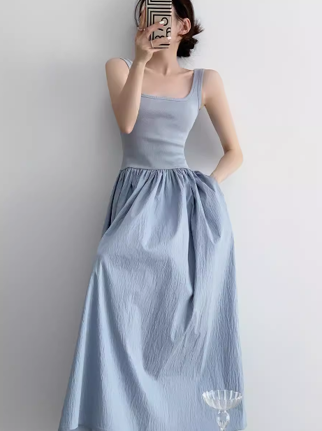 Vestido largo de punto con patchwork, sin mangas y tirantes, corte A, ED0233