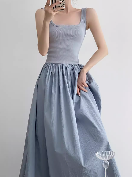 Vestido largo de punto con patchwork, sin mangas y tirantes, corte A, ED0233