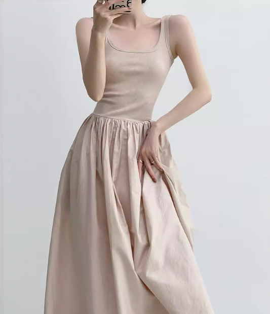 Vestido largo de punto con patchwork, sin mangas y tirantes, corte A, ED0233