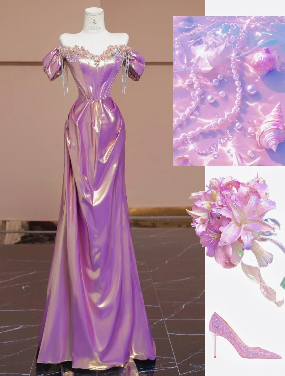Hermosos vestidos de fiesta largos de satén morado con hombros descubiertos y cuentas, corte A, elegantes vestidos de noche formales ED02356