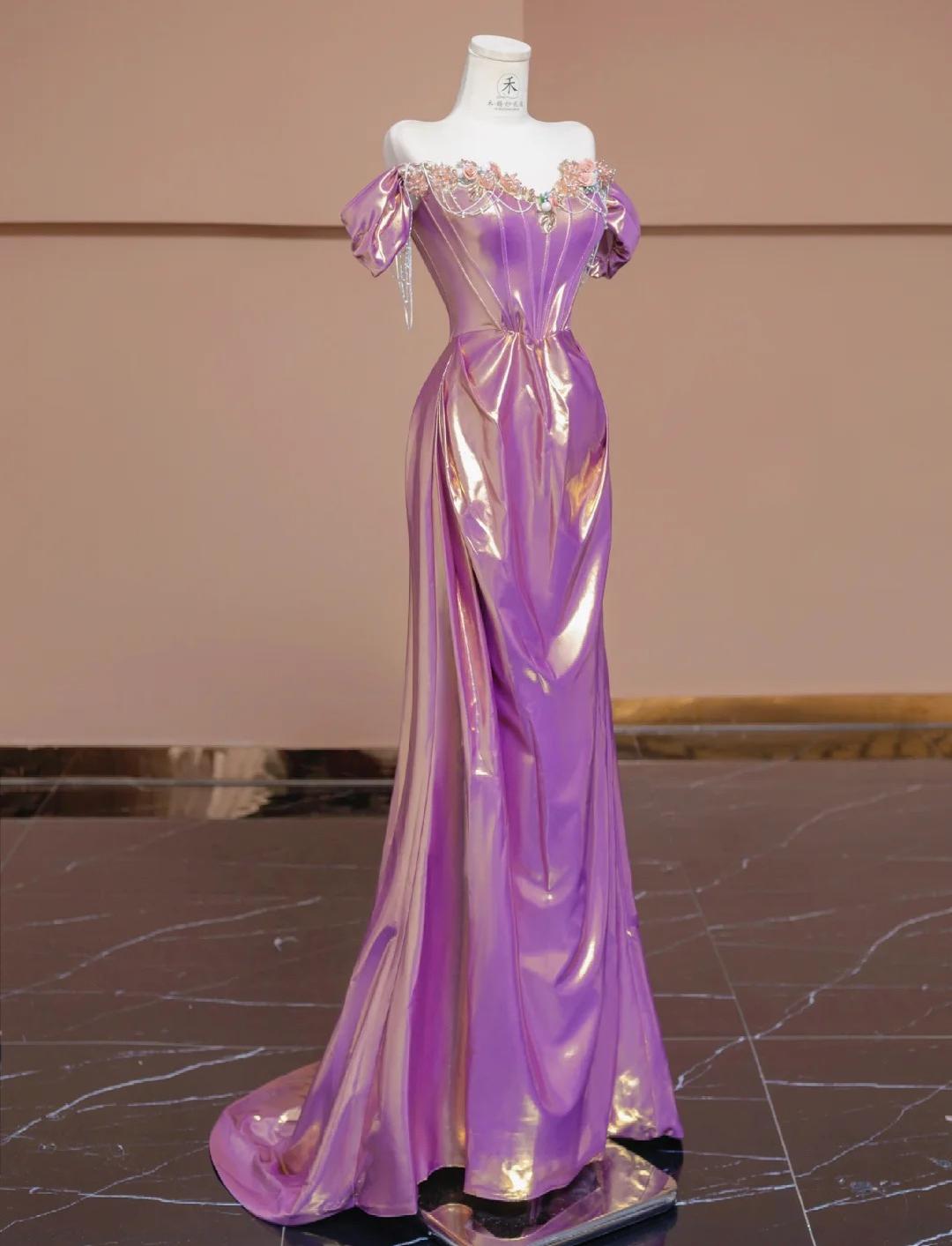 Hermosos vestidos de fiesta largos de satén morado con hombros descubiertos y cuentas, corte A, elegantes vestidos de noche formales ED02356