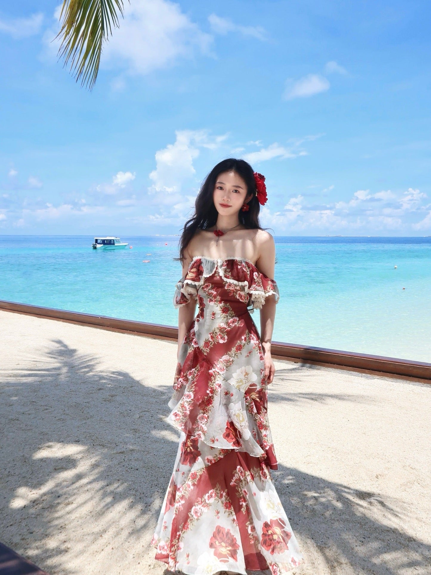 Fashion Red Off Shoulder Printed Chiffon A-line Party Dresses Daily Evening Gowns ED02358