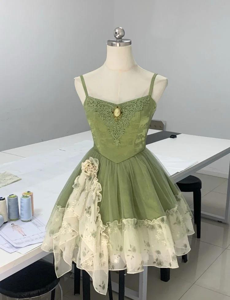 Fairytale Green Spaghetti Strap A-Line Printed Tulle Short Prom Dresses Homecoming Dress ED02408