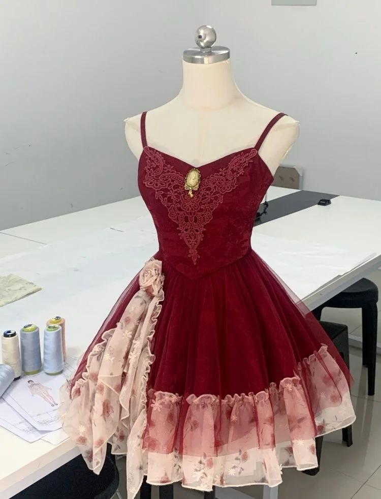 Fairytale Green Spaghetti Strap A-Line Printed Tulle Short Prom Dresses Homecoming Dress ED02408