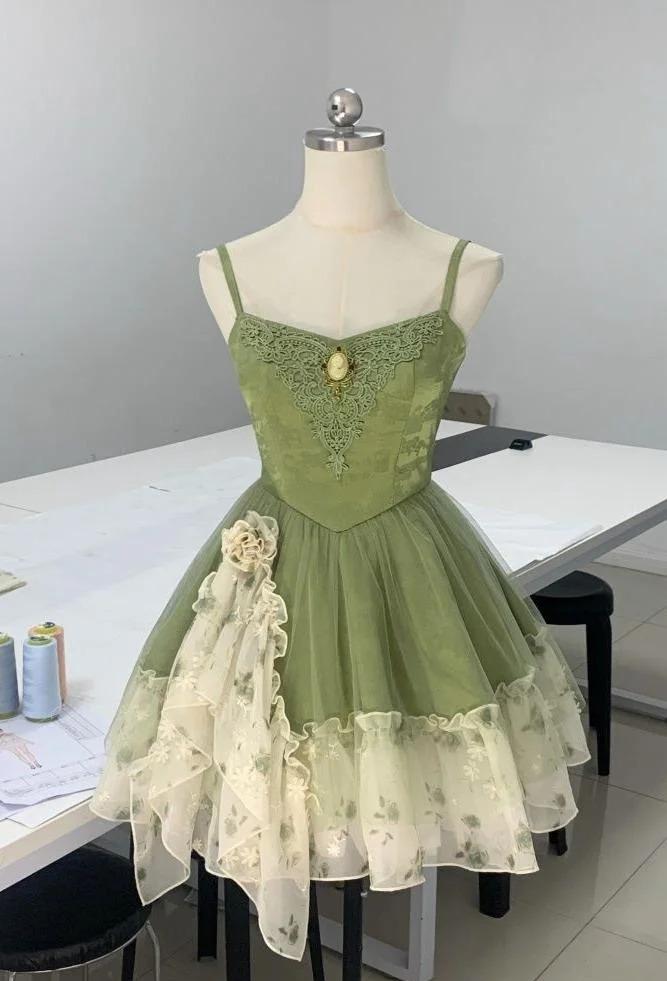 Fairytale Green Spaghetti Strap A-Line Printed Tulle Short Prom Dresses Homecoming Dress ED02408
