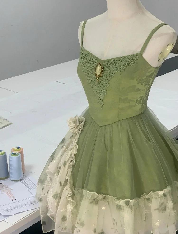 Fairytale Green Spaghetti Strap A-Line Printed Tulle Short Prom Dresses Homecoming Dress ED02408
