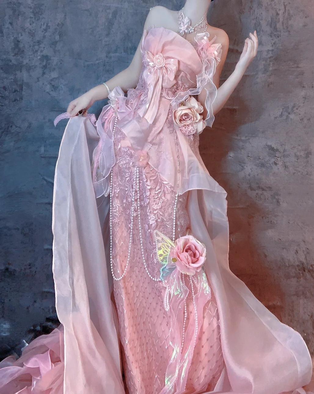 Fairytale Pink Strapless Mermaid Beaded Tulle Long Prom Dresses Formal Evening Gowns with Embroidered Appliques ED02410