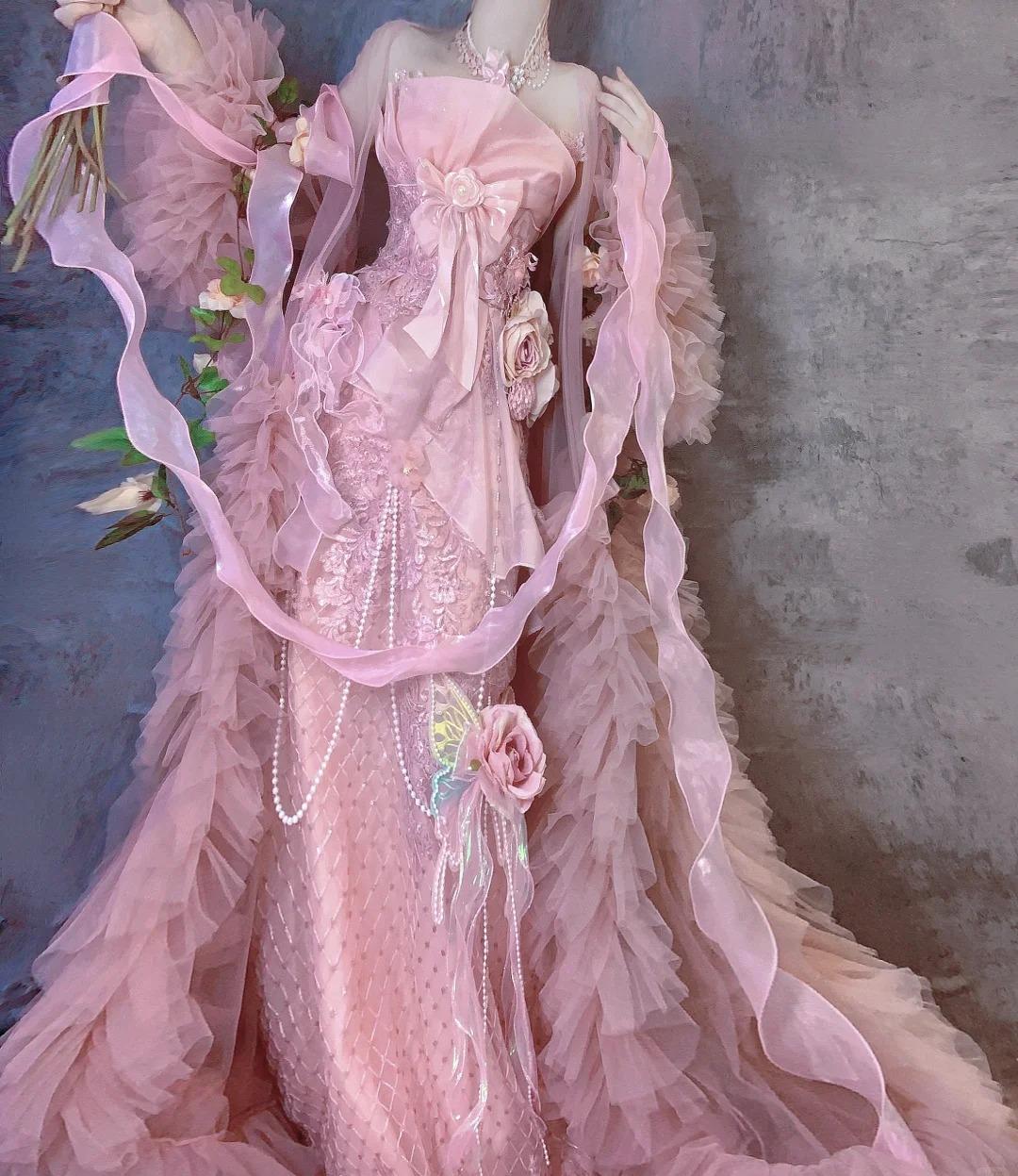 Fairytale Pink Strapless Mermaid Beaded Tulle Long Prom Dresses Formal Evening Gowns with Embroidered Appliques ED02410