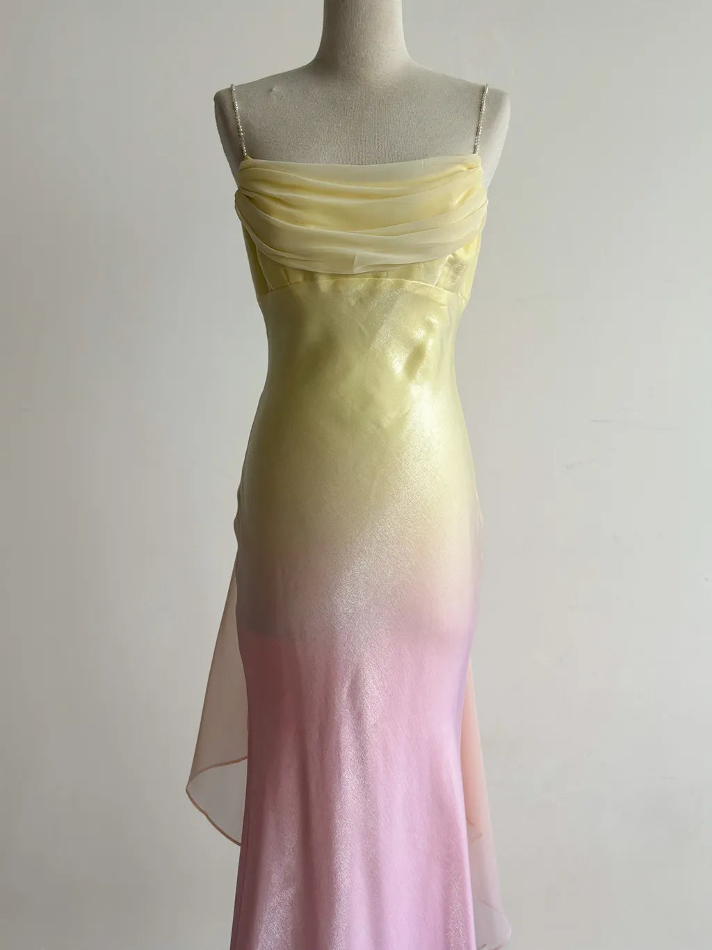 Fairytale Gradient Yellow Pink Spaghetti Straps Mermaid Satin Prom Dresses Vintage Evening Gowns ED02426