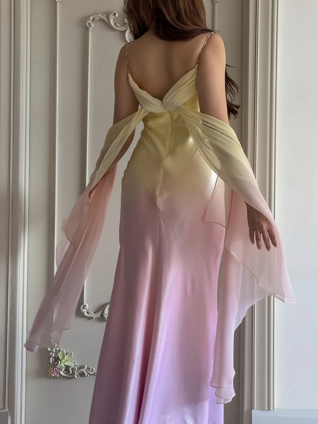 Fairytale Gradient Yellow Pink Spaghetti Straps Mermaid Satin Prom Dresses Vintage Evening Gowns ED02426