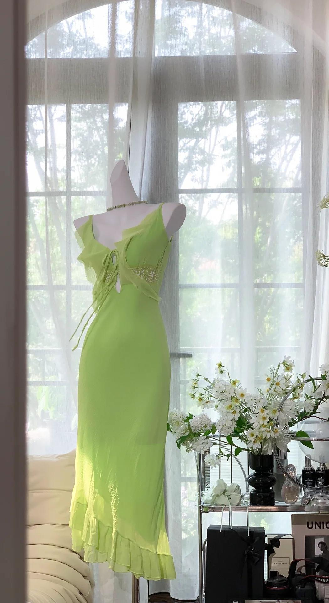 Vestido de fiesta corto de gasa con tirantes finos en verde esmeralda, estilo vintage, ED02428