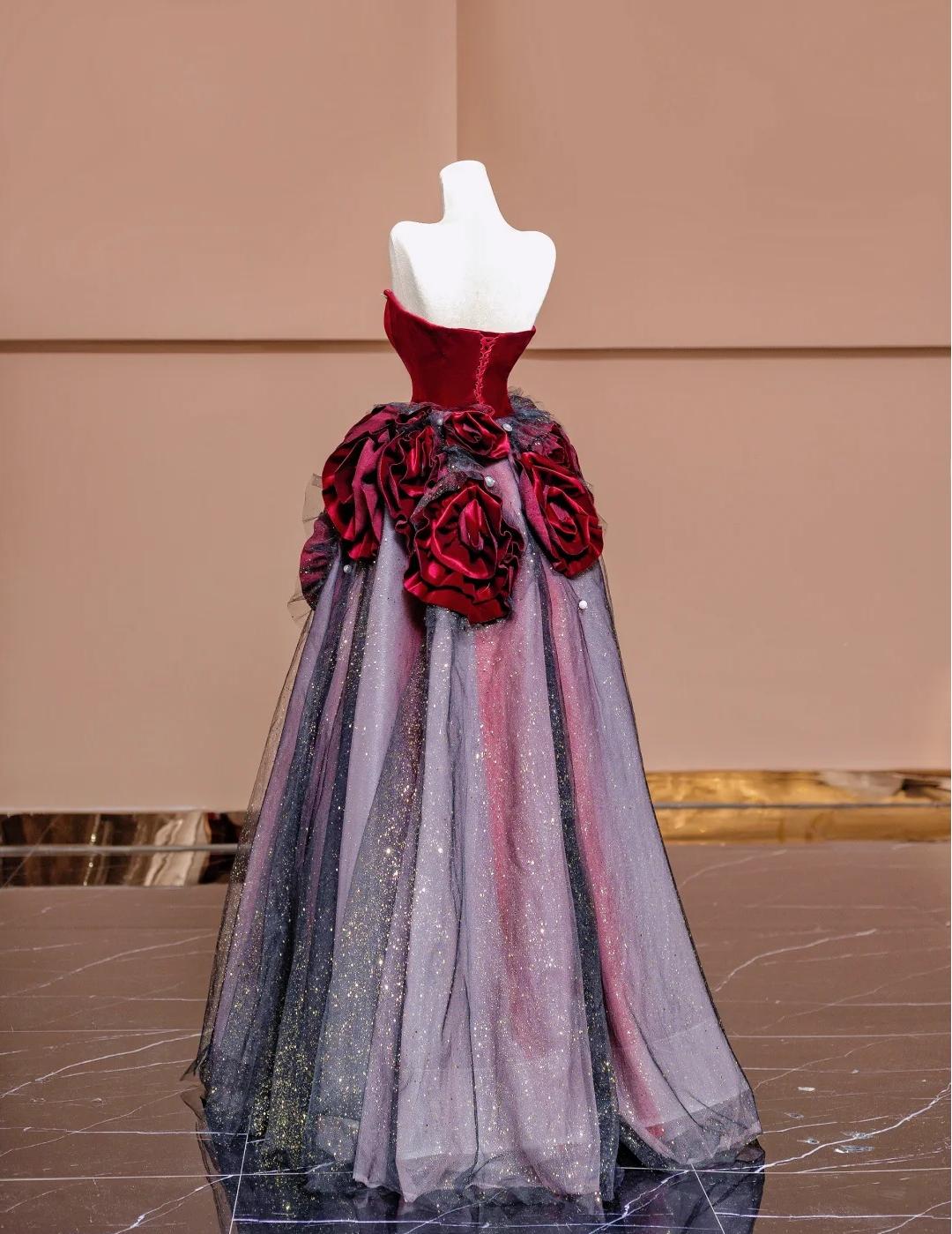 Stunning Burgundy Strapless Velvet A-Line Tulle Long Prom Dresses Unique Wedding Dress ED02443