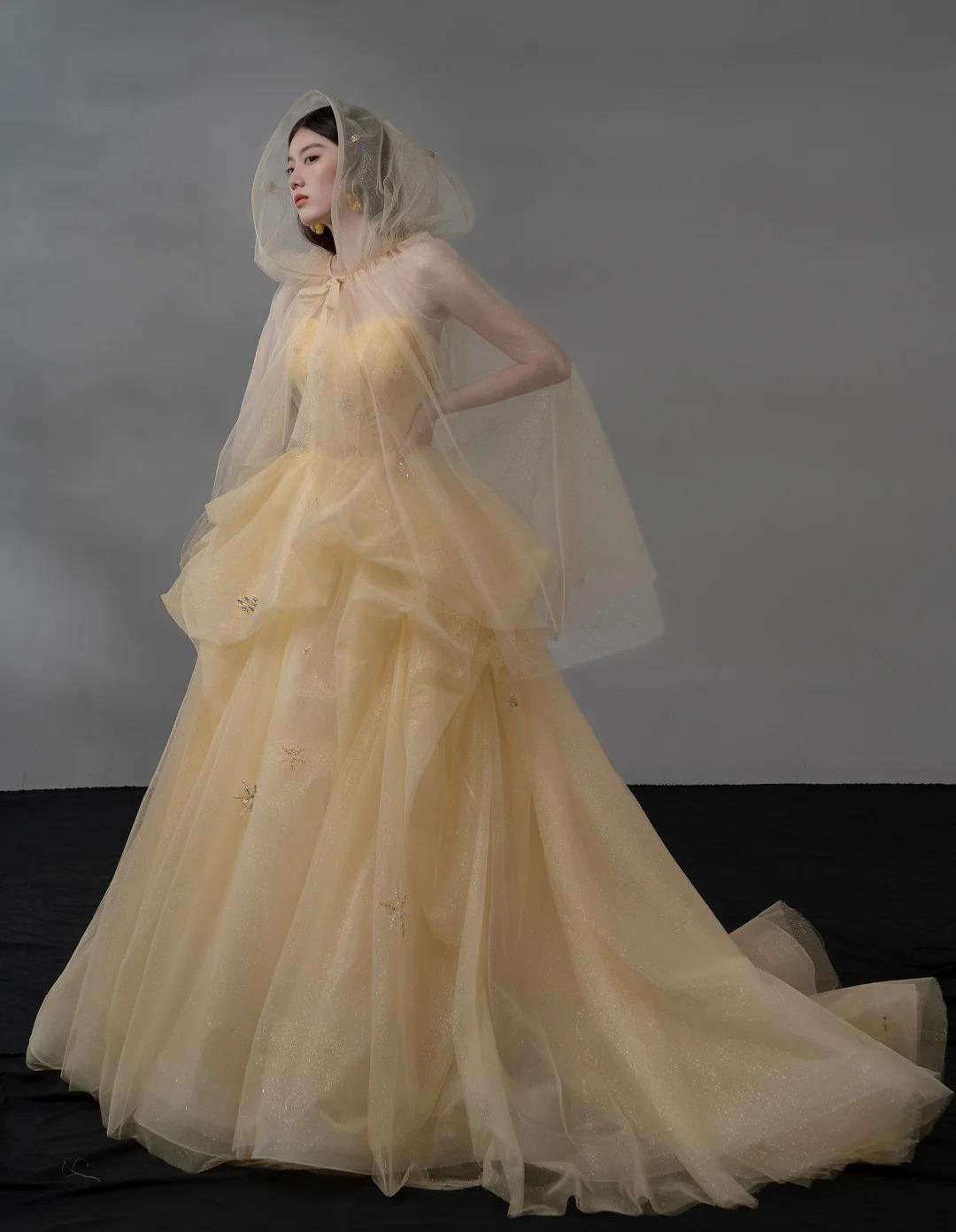 Glitter Light Orange Spaghetti Straps A-Line Tulle Long Prom Dresses Gorgeous Wedding Dress with Rhinestones ED02460