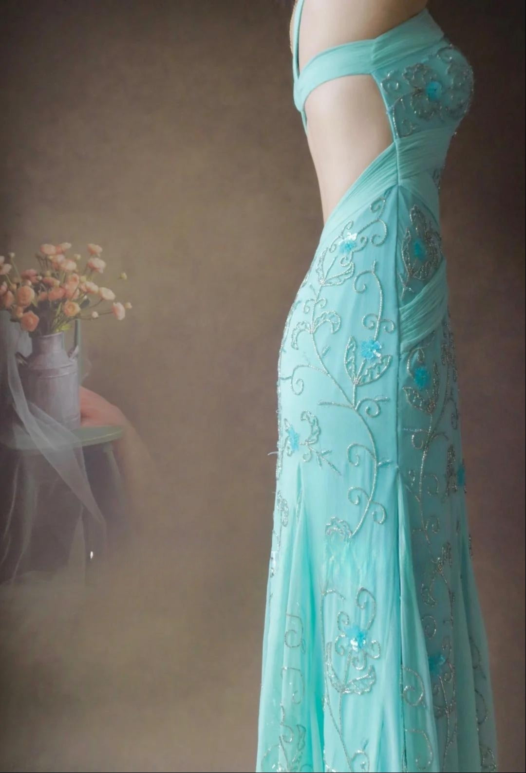 Hermoso vestido de fiesta largo de gasa estilo sirena con escote en V y cuentas en azul Tiffany, sin espalda, vestido de noche formal ED02496