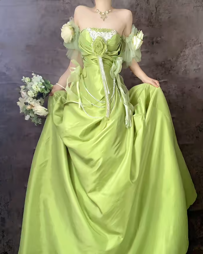 Vestidos de fiesta largos de satén verde dulce con hombros descubiertos y corte A, vestidos de noche formales ED02498