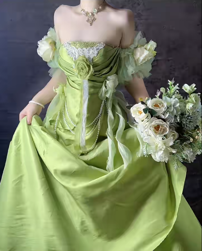 Vestidos de fiesta largos de satén verde dulce con hombros descubiertos y corte A, vestidos de noche formales ED02498