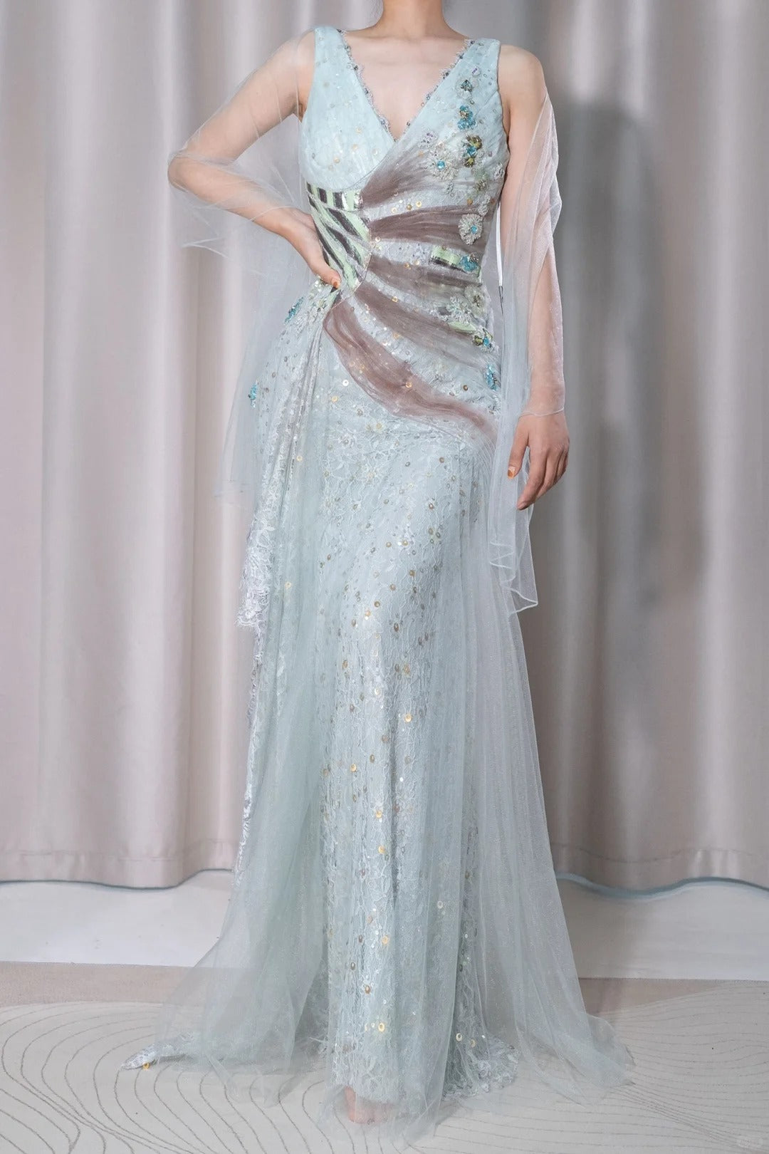 Stunning Light Green V-Neck Tulle A-Line Lace Sequins Prom Dresses Formal Backless Evening Gowns ED02515