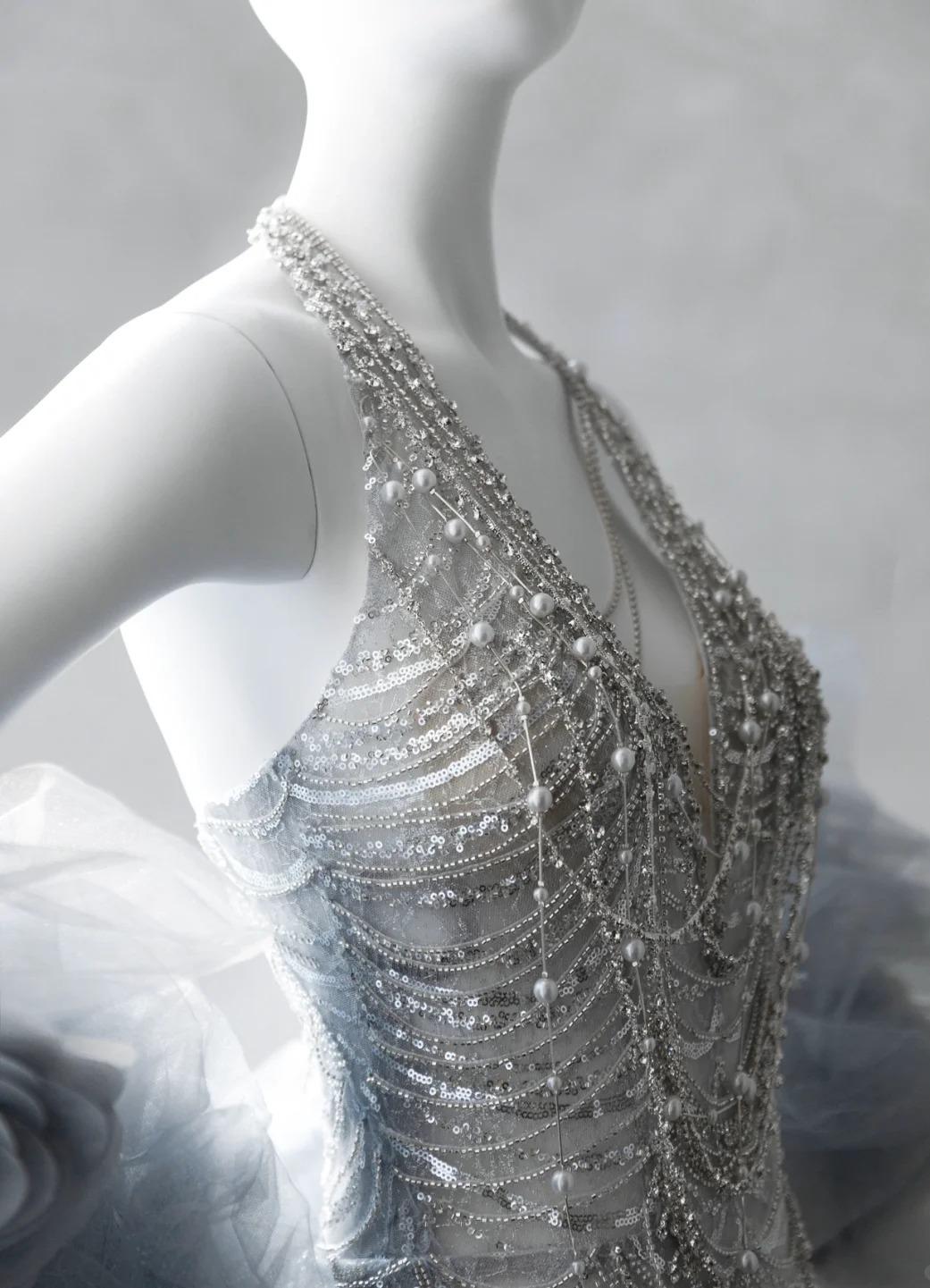 Gorgeous Silver V-neck Mermaid Beaded Sequin Long Prom Dresses Train Wedding Dress ED02524