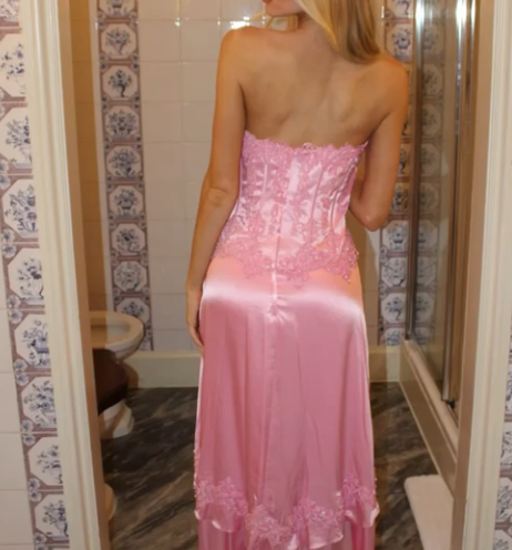 Vestidos de fiesta de satén con apliques de encaje y escote palabra de honor en rosa dulce, sin tirantes, ED02557