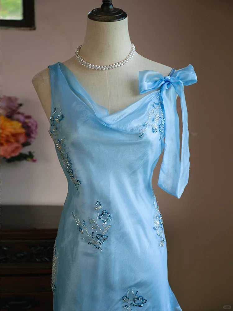 Elegante vestido de fiesta azul asimétrico de gasa, ajustado, corto y con cuentas, ED02591