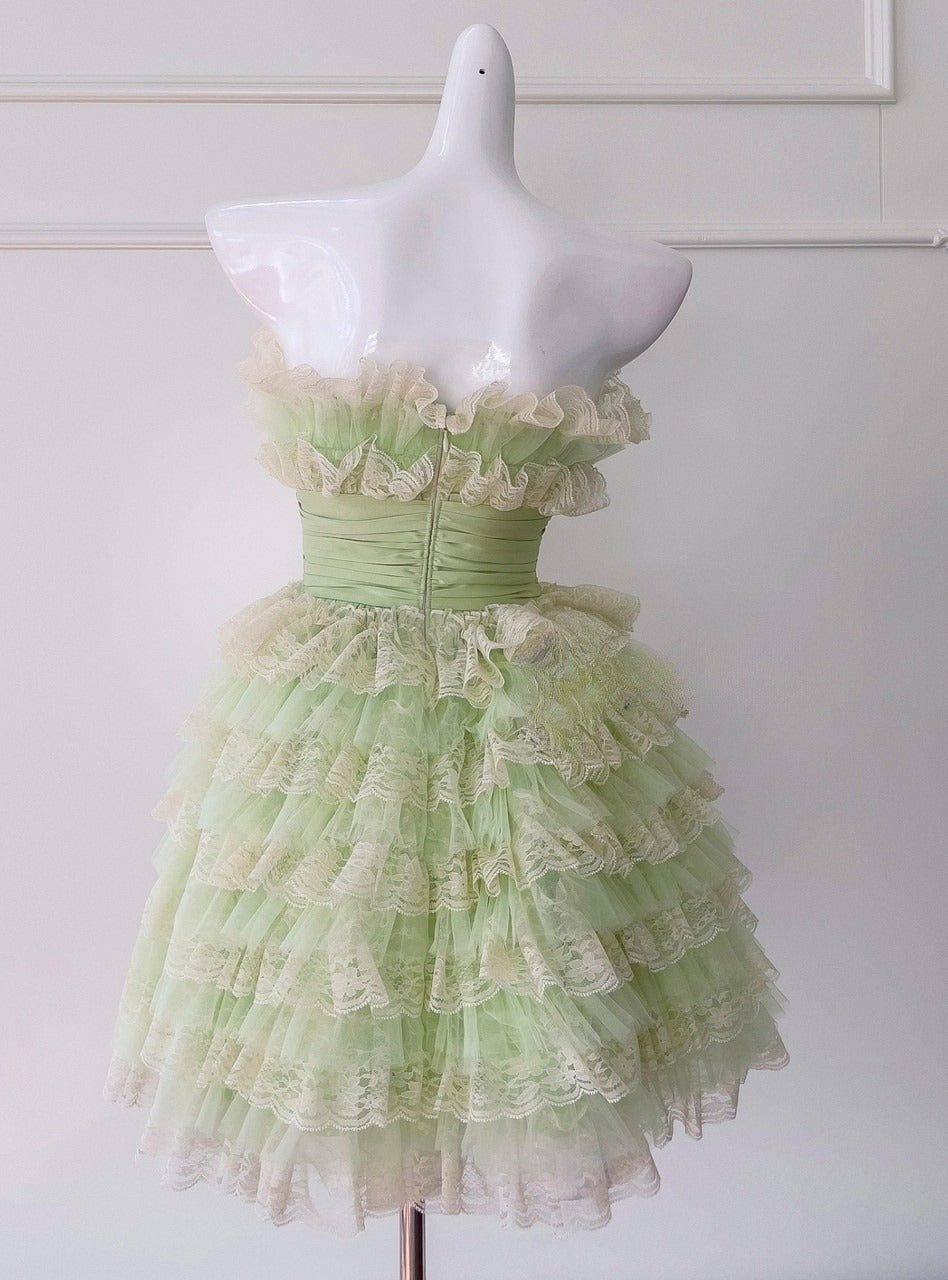 Hermoso vestido de fiesta corto de tul con encaje y corte A sin tirantes, color verde, ED02600