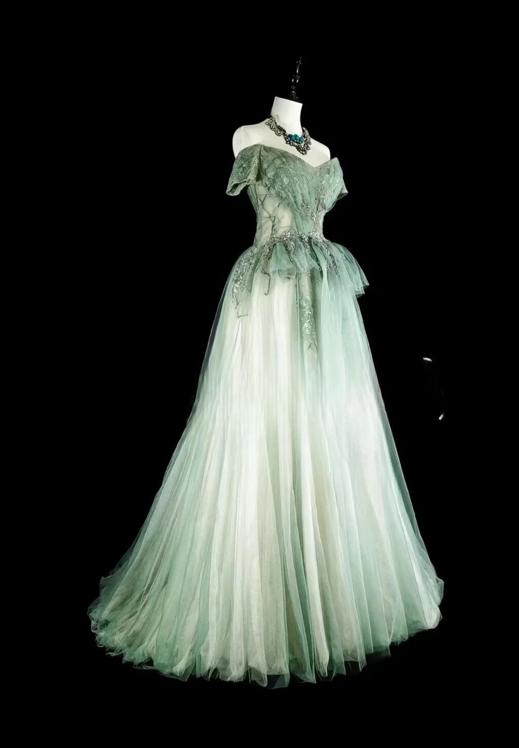 Vestidos de fiesta largos de tul con escote en A, color verde dulce, con hombros descubiertos, vestidos de noche formales ED02617