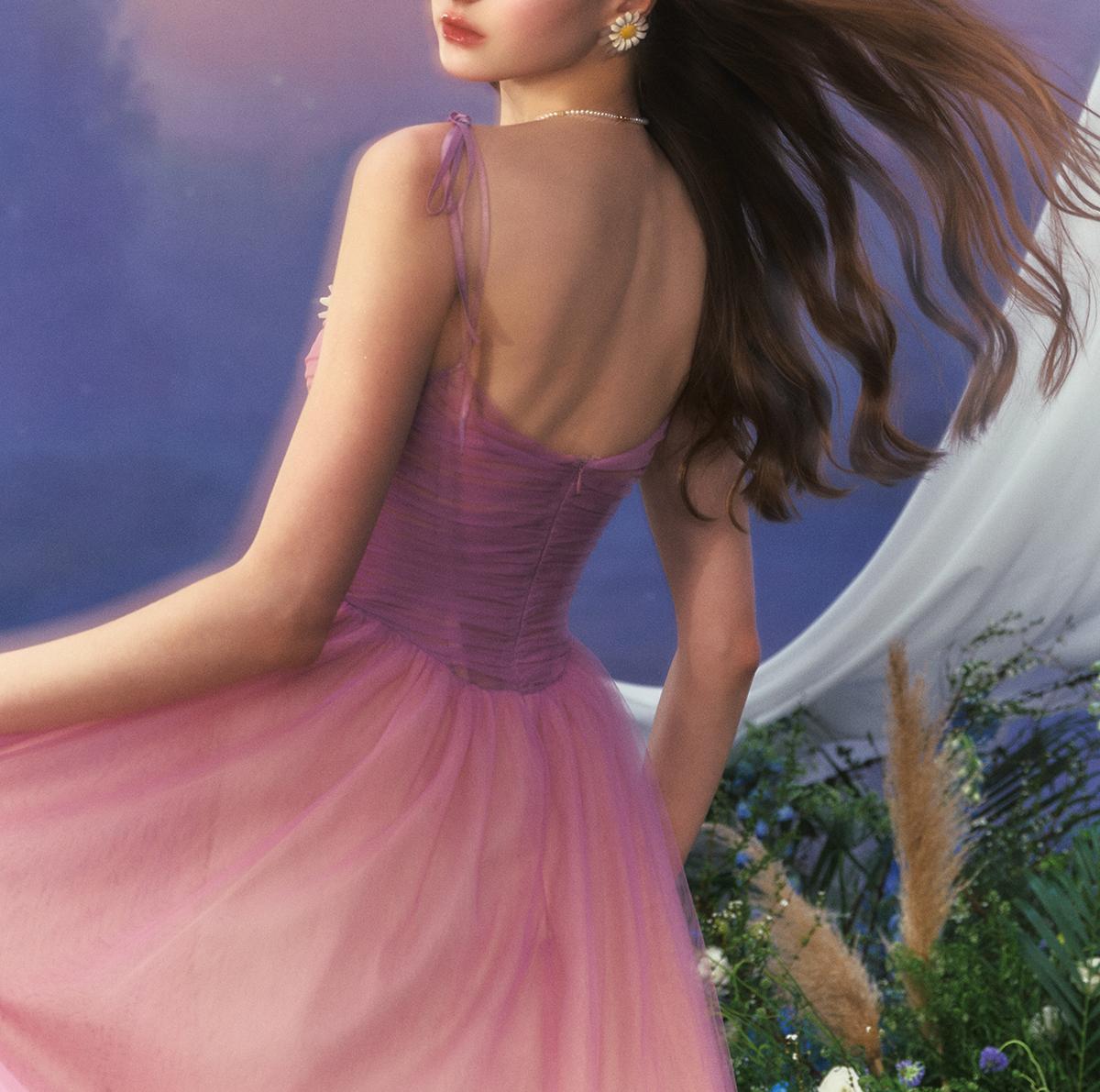 Fairytale Purple A-Line Spaghetti Straps Tulle Prom Dresses Formal Evening Gowns with 3D Appliques ED02622