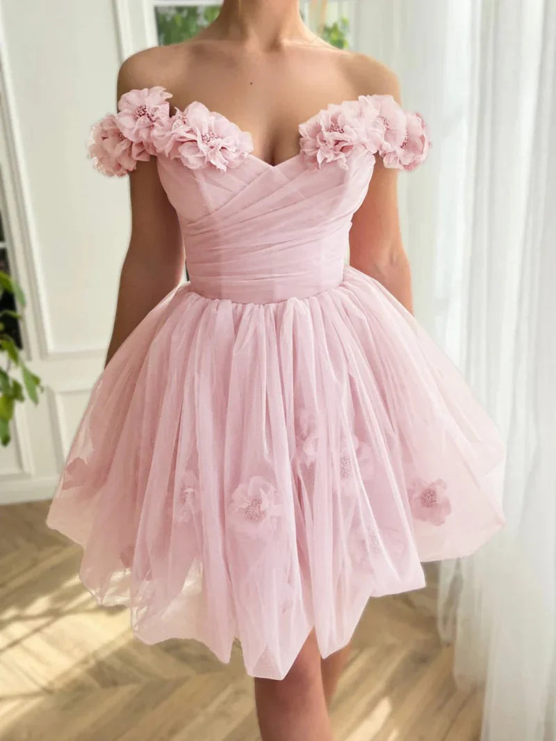 Elegante vestido de fiesta corto de tul rosa con hombros descubiertos, corte A, para regreso a casa ED02641