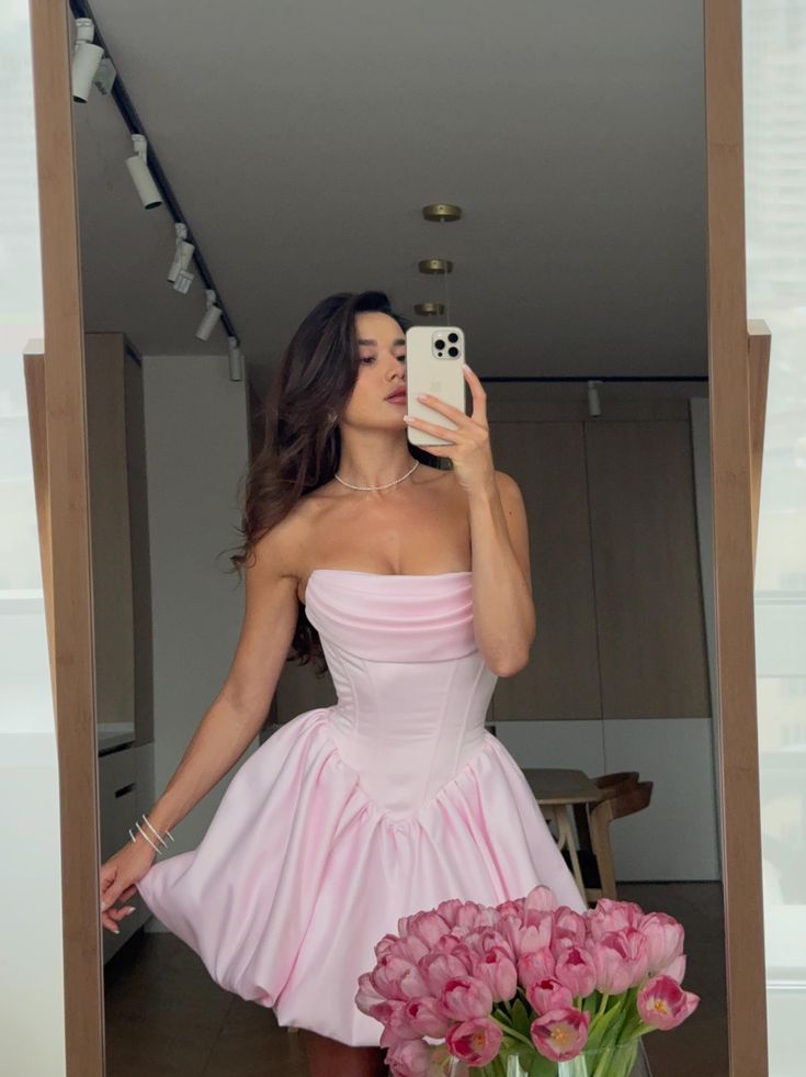 Vestido de fiesta corto de satén rosa dulce sin tirantes, corte A, elegante, para regreso a casa, ED02672