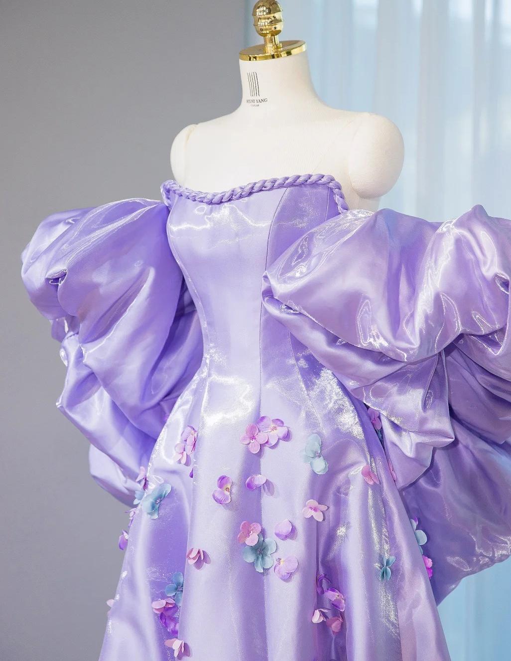 Fairytale Purple Off-shoulder A-Line Satin Long Prom Dresses Sweet Evening Gowns With Appliques ED02678