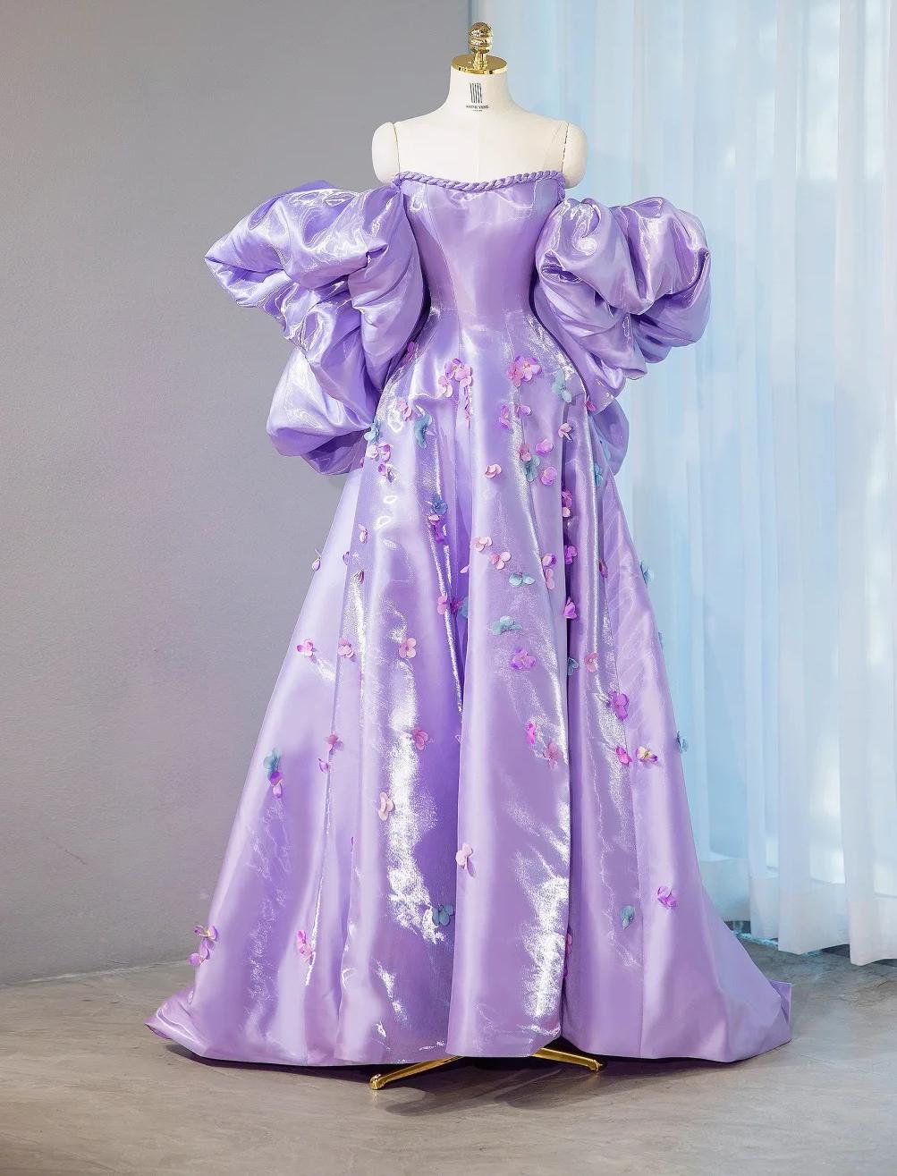 Fairytale Purple Off-shoulder A-Line Satin Long Prom Dresses Sweet Evening Gowns With Appliques ED02678
