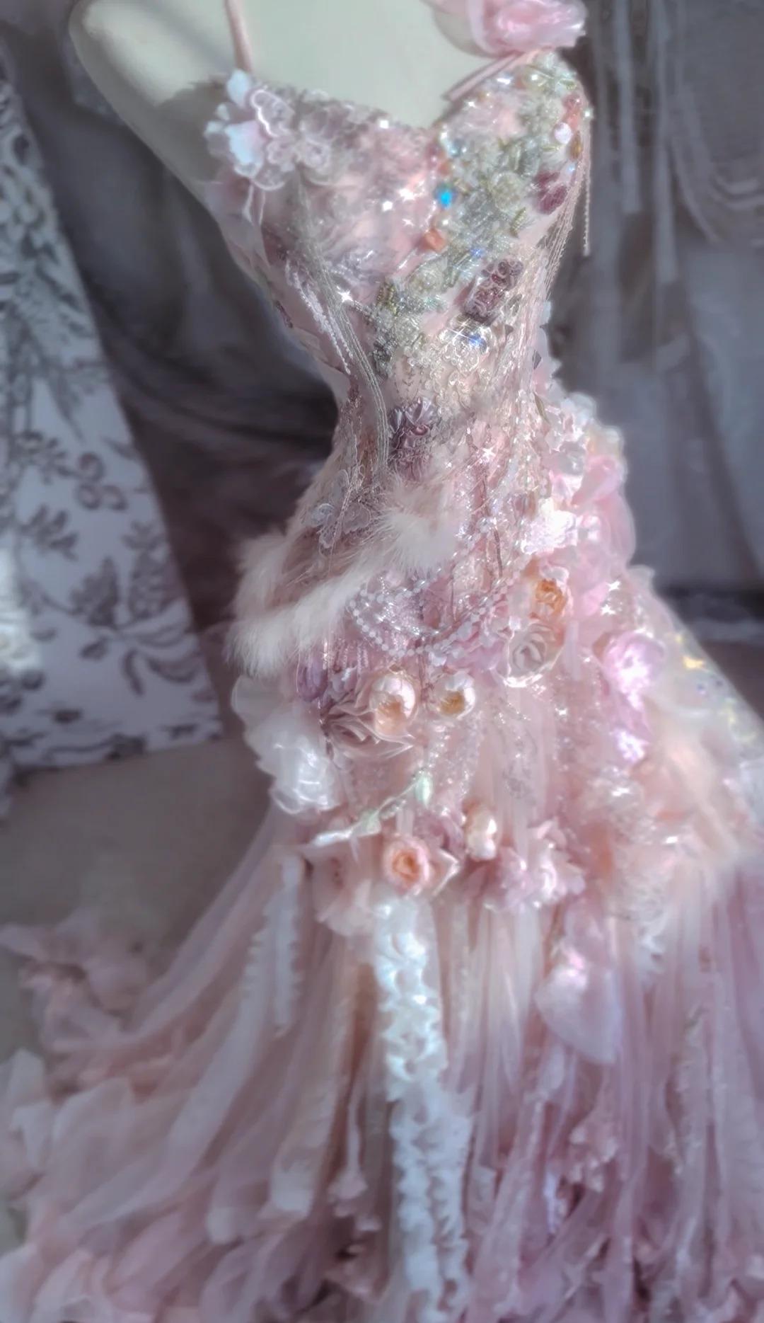 Fairytale Pink Sweetheart Mermaid Tulle Long Prom Dresses Formal Evening Gowns with Appliques ED02713