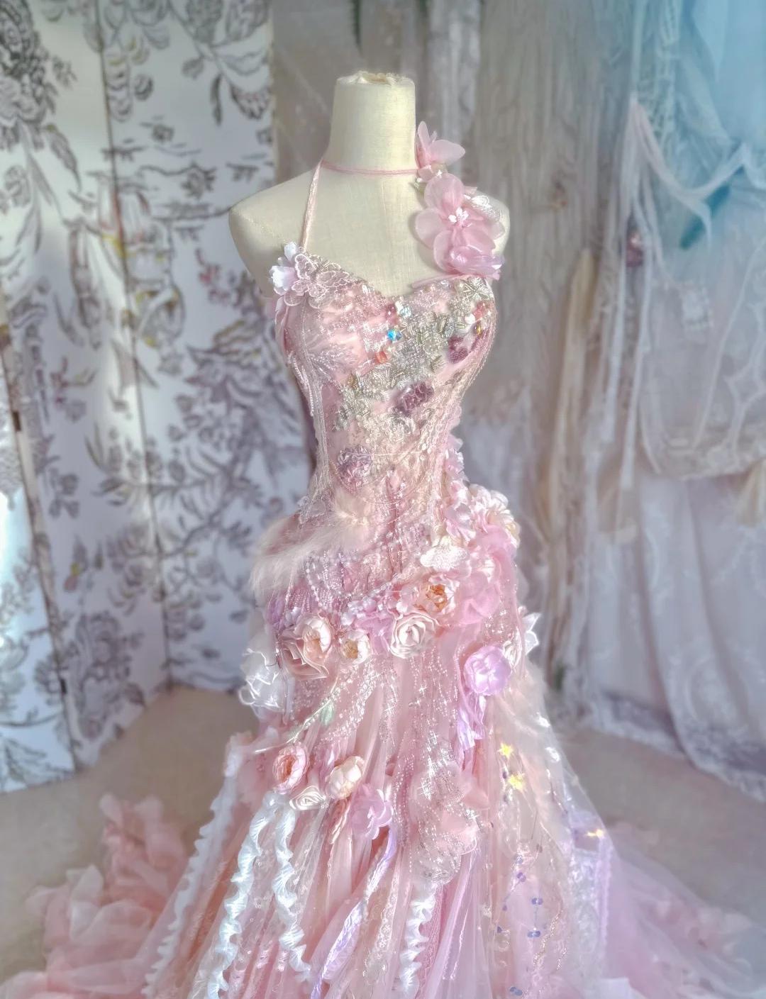 Fairytale Pink Sweetheart Mermaid Tulle Long Prom Dresses Formal Evening Gowns with Appliques ED02713