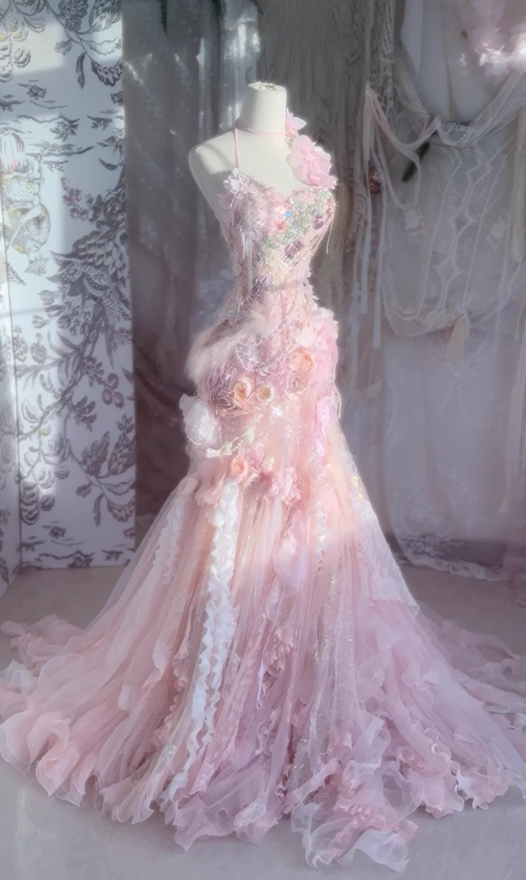 Fairytale Pink Sweetheart Mermaid Tulle Long Prom Dresses Formal Evening Gowns with Appliques ED02713
