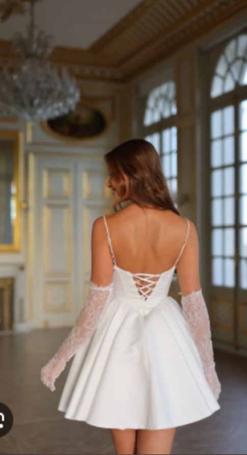 Stunning White Spaghetti Straps A-Line Satin Lace Short Wedding Dresses Homecoming Dresses with Pearls ED02736