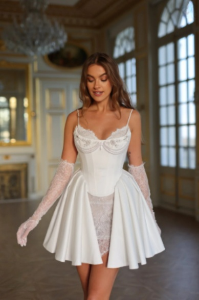 Stunning White Spaghetti Straps A-Line Satin Lace Short Wedding Dresses Homecoming Dresses with Pearls ED02736