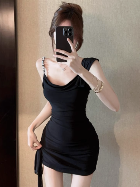 Elegante vestido de fiesta negro asimétrico, ajustado, corto, con lazo, ED02742