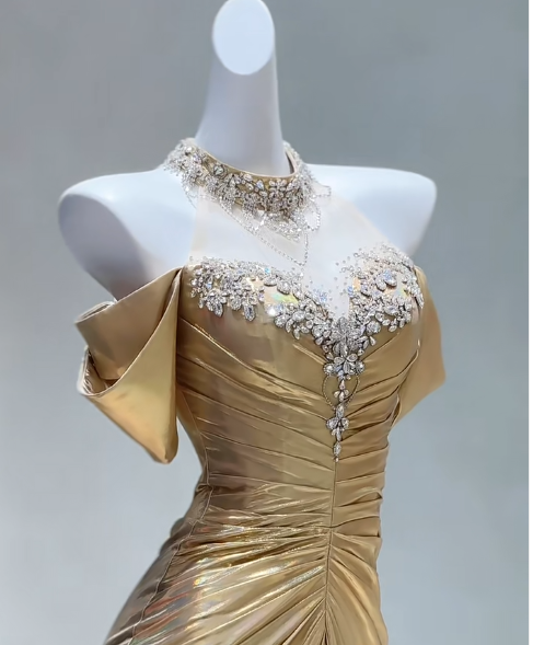 Elegante vestido de fiesta largo de satén amarillo con hombros descubiertos y corte sirena, vestido formal de noche ED02810