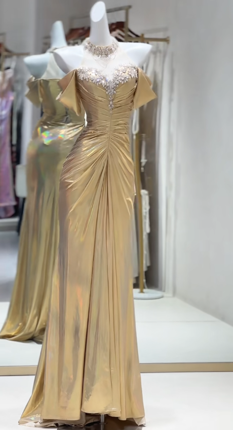 Elegante vestido de fiesta largo de satén amarillo con hombros descubiertos y corte sirena, vestido formal de noche ED02810