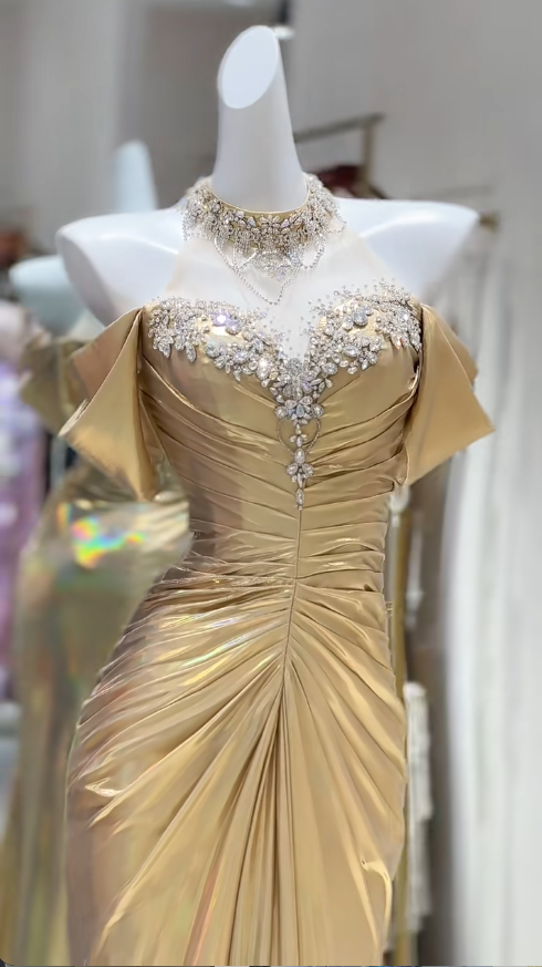 Elegante vestido de fiesta largo de satén amarillo con hombros descubiertos y corte sirena, vestido formal de noche ED02810
