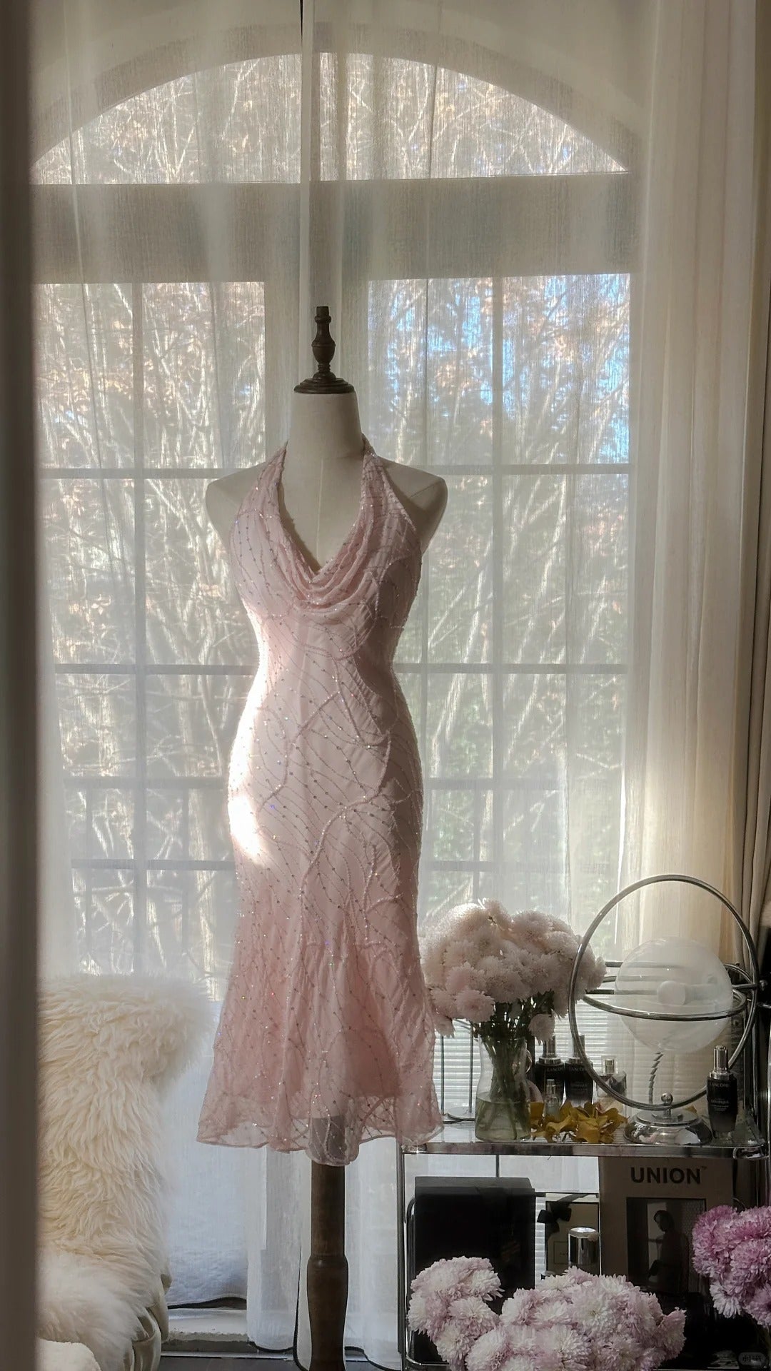 Vestido de fiesta vintage de gasa, corto, ajustado, con cuello halter, color rosa dulce, con cuentas, ED02821