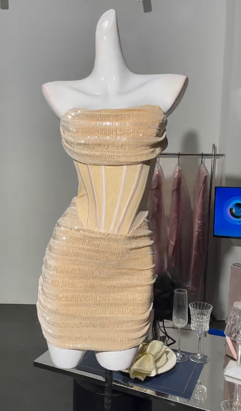 Elegante vestido de fiesta corto de terciopelo, ajustado, sin tirantes, color champán claro, para regreso a casa, ED02864