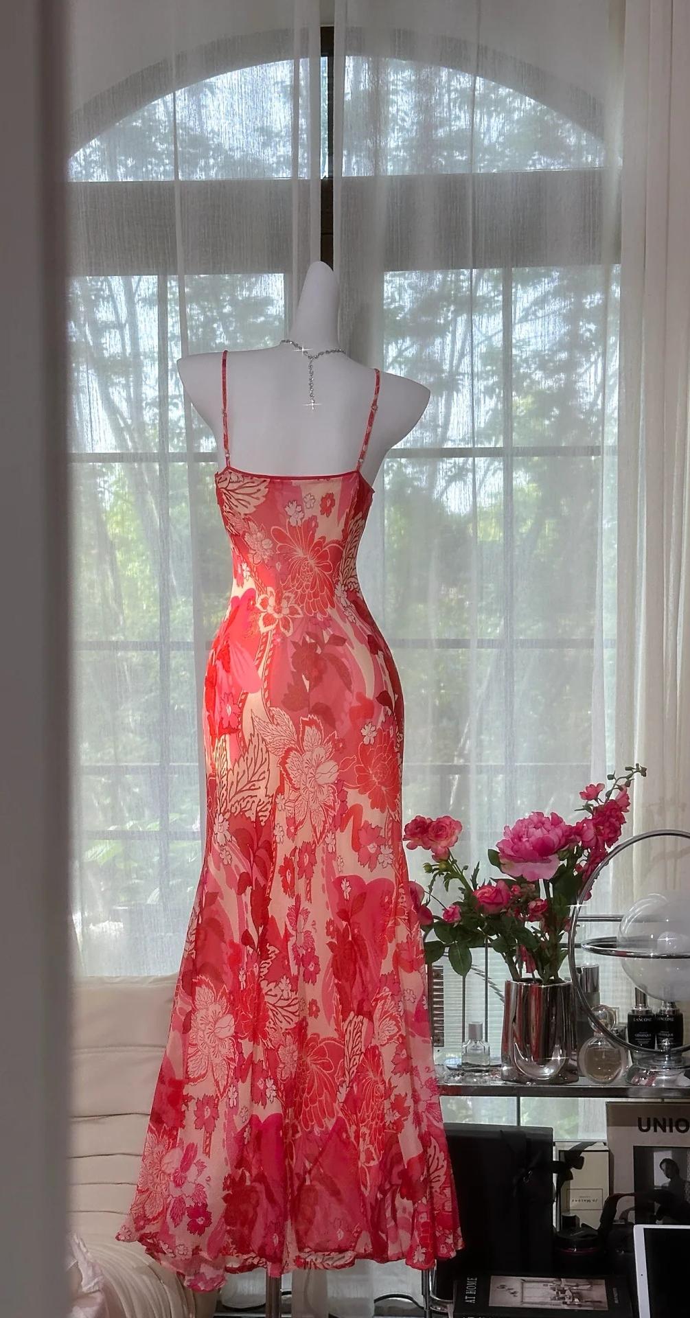 Hermosos vestidos de fiesta largos de gasa con tirantes finos rojos y cuentas, vestidos de noche vintage ED02888