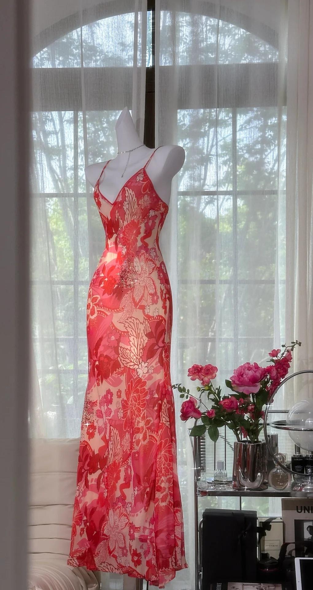 Hermosos vestidos de fiesta largos de gasa con tirantes finos rojos y cuentas, vestidos de noche vintage ED02888