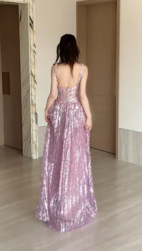 Hermosos vestidos largos de fiesta con escote cuadrado y lentejuelas, corte A, ideales para cumpleaños, ED02953
