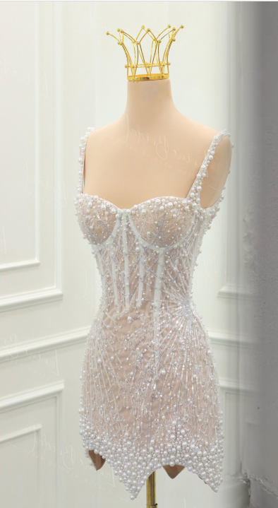 Sweet White Square Neck Sheath Beaded Short Wedding Dress Birthday Evening Gowns ED02963