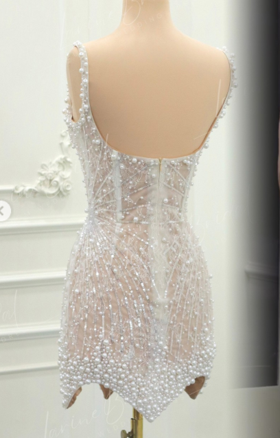 Sweet White Square Neck Sheath Beaded Short Wedding Dress Birthday Evening Gowns ED02963
