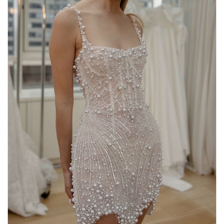 Sweet White Square Neck Sheath Beaded Short Wedding Dress Birthday Evening Gowns ED02963